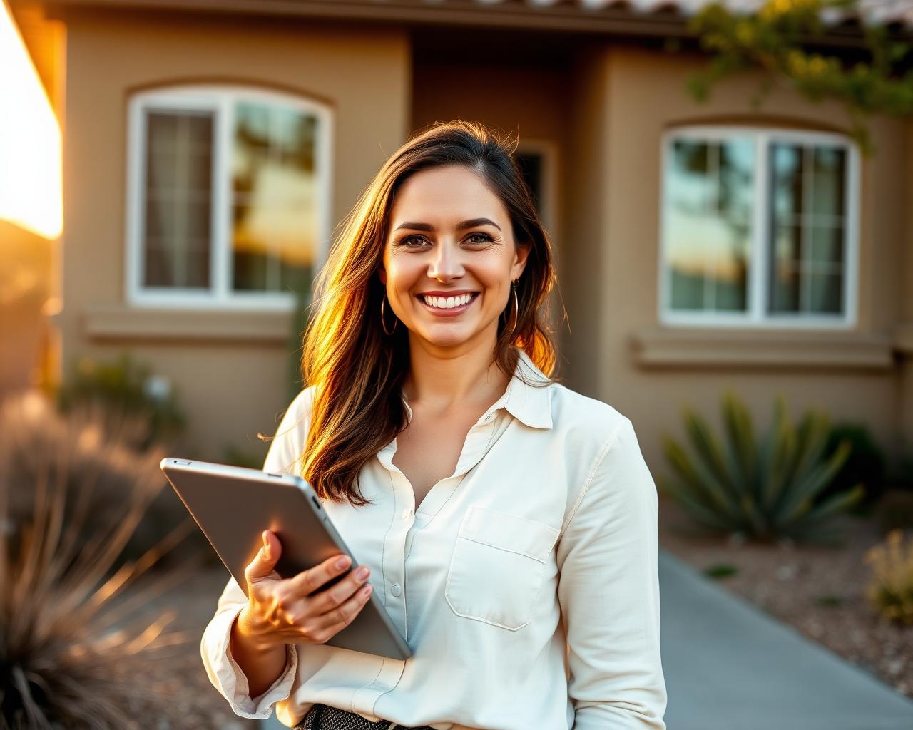 A property manager outside a sunlit Arizona home, tablet in hand